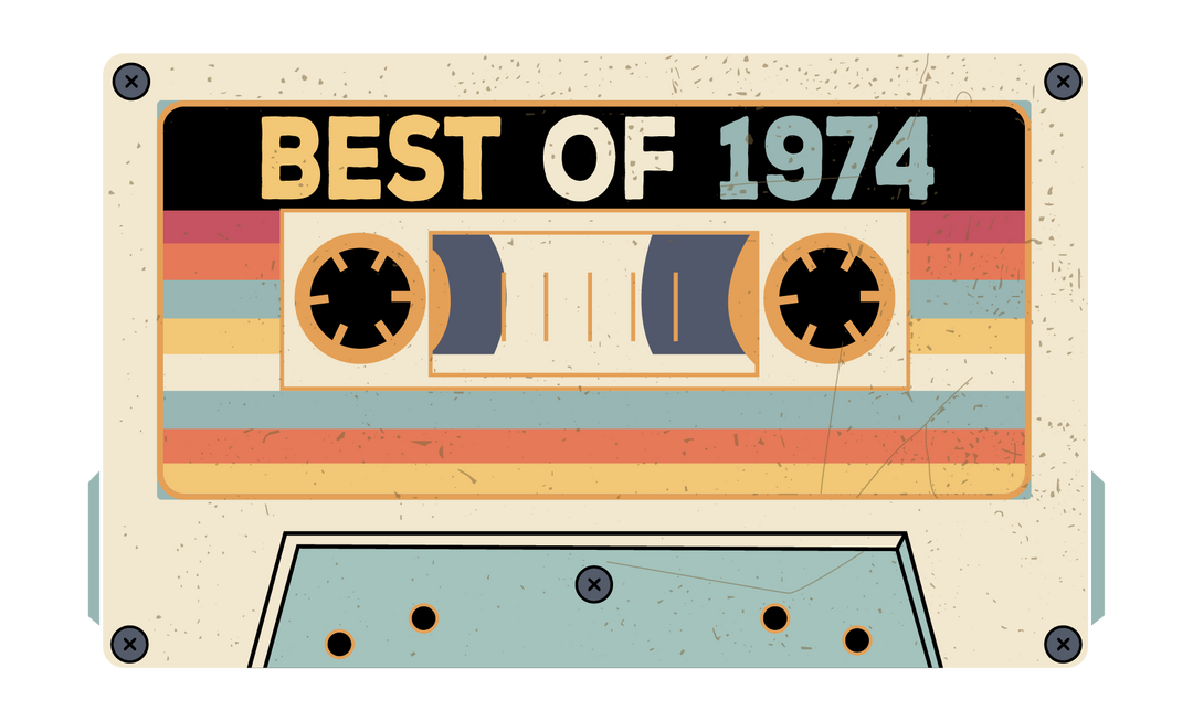 Vectorized Digital Download PNG File or PPG (Purchase to Print on Garment) [DTF Print] Choose Your Size - Classic Rock & Roll Music Inspired "Best of the year 1974 Cassette Tape" Image - Youth, Adult & Plus Size T-shirt / Sweatshirt Printable Design