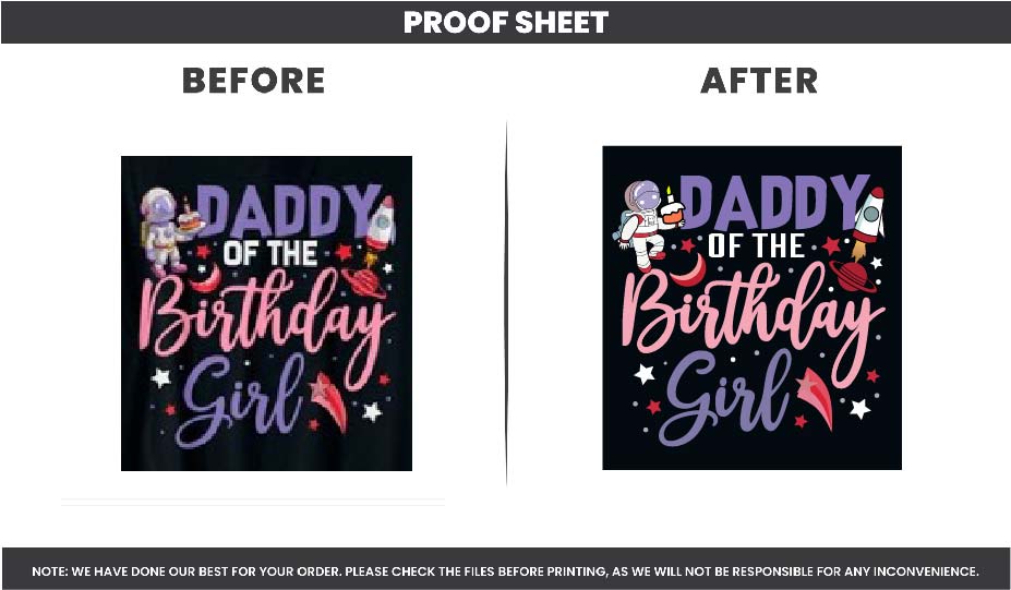 Vectorized Digital Download PNG File or PPG (Purchase to Print on Garment) [DTF Print] Choose Your Size - Astronaut holding a Cupcake "Daddy of the Birthday Girl" Outer Space Theme - Youth, Adult & Plus Size T-shirt / Sweatshirt Printable Design